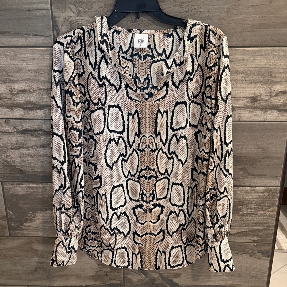 CAbi Snake-Print Long Sleeve Blouse — Cream & Black